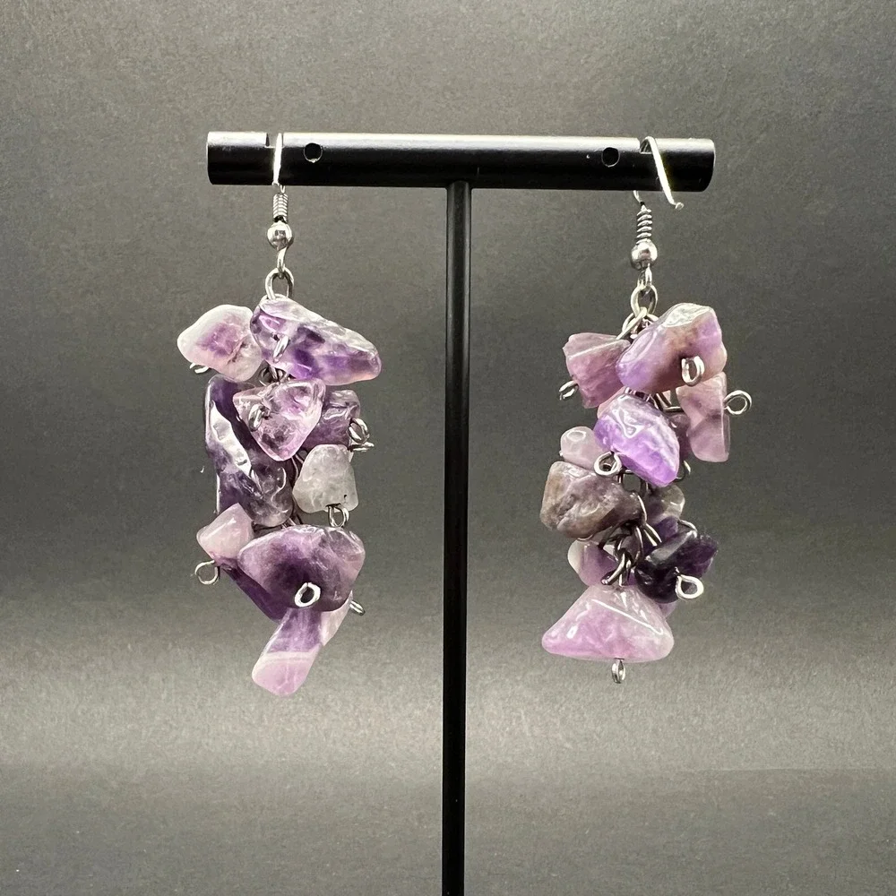 Amethyst Cluster Earrings Purple Crystal Gemstone Chip Boho Healing Witchy Fairy